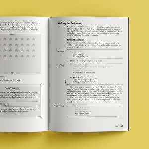 A spread from Python Crash Course on a yellow background showing programming project