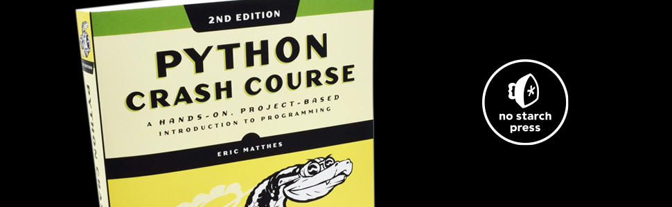 Python Crash Course book on a black background with No Starch Press logo