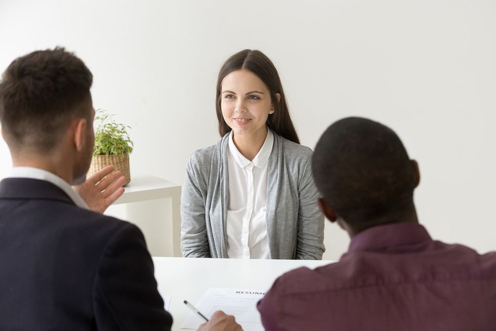 Woman answers the interview question, 